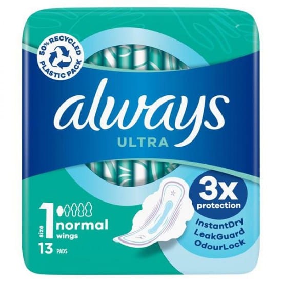 Always Ultra Normal (Size 1) Sanitary Pads With Wings (13) Feminine Care