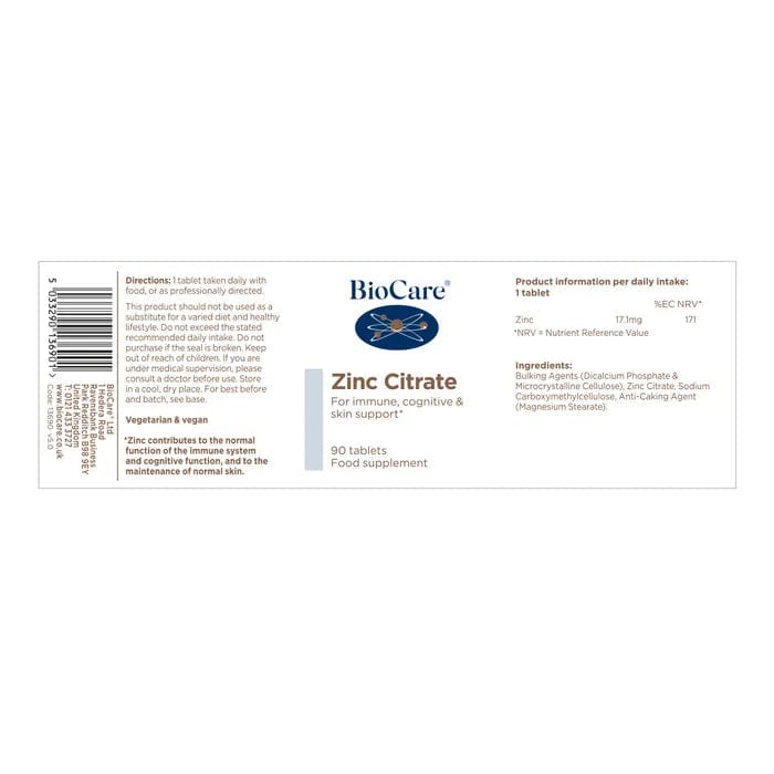 Zinc Citrate Tablets | Biocare (90) Immune System