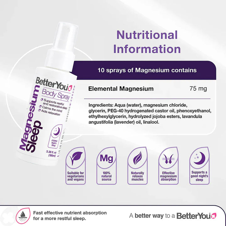 BetterYou Magnesium Sleep Body Spray 100 ml Aid Sleep BetterYou Magnesium Sleep Spray 100ml | Sleep Support Spray