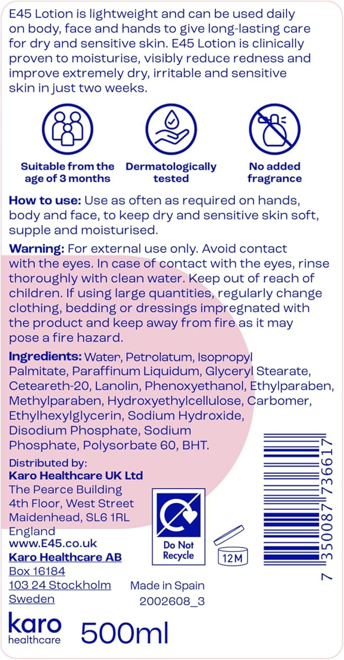 E45 Moisturising Lotion Pump Dispenser 500ml Body E45 Moisturising Lotion Pump Dispenser 500ml | Dry Skin Moisturiser Ireland