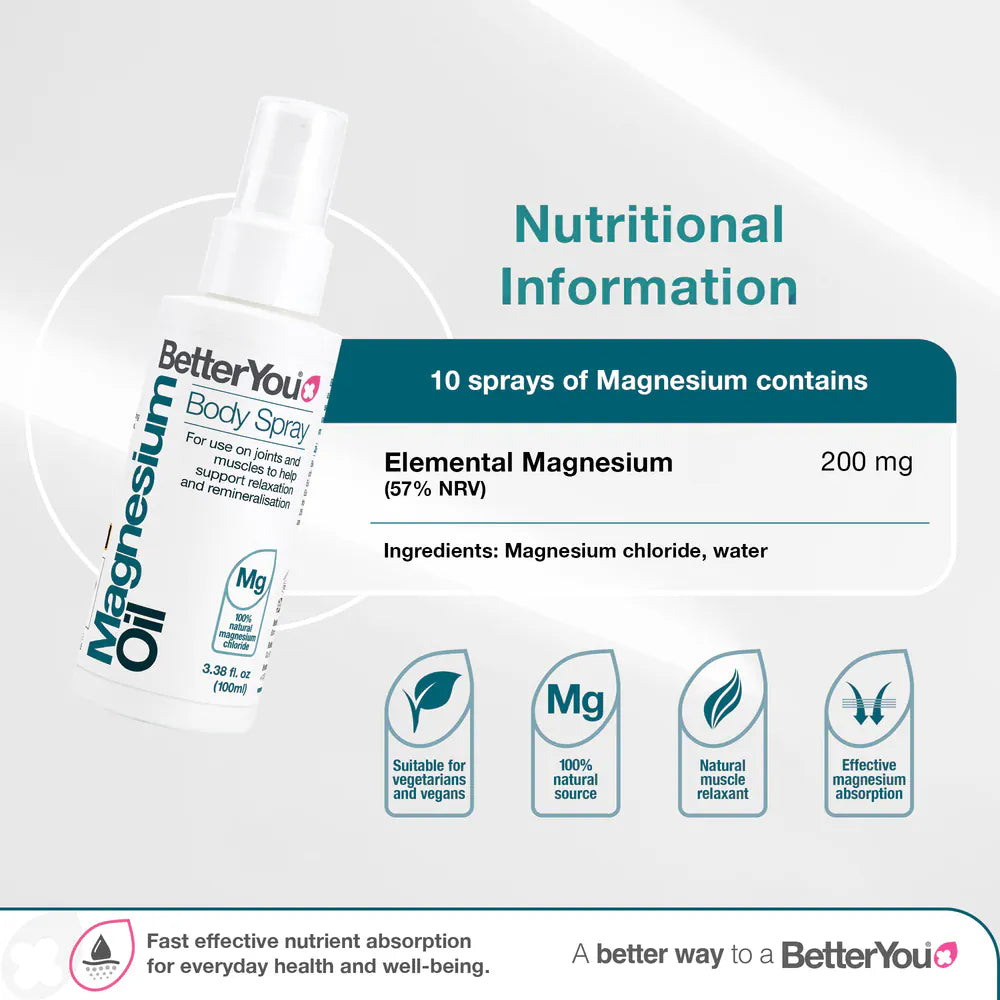 BetterYou Magnesium Oil Body Spray 100 ml Energy and Wellbeing BetterYou Magnesium Oil Spray 100ml | Magnesium Body Spray