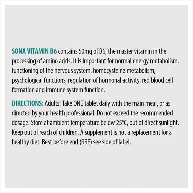 Sona Vitamin B6 50mg Tablets (30) Energy and Wellbeing