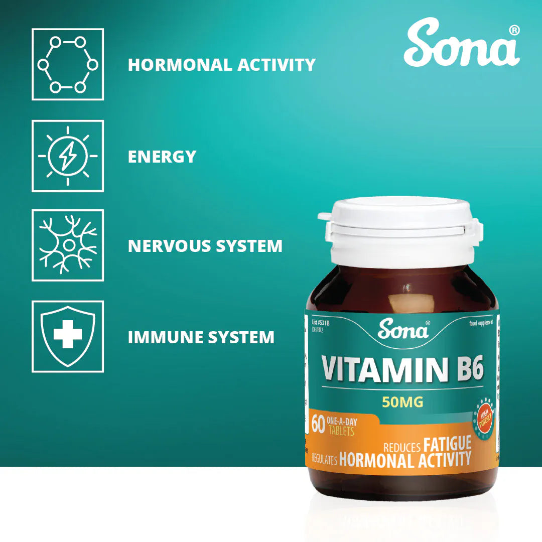 Sona Vitamin B6 50mg Tablets 60 Energy and Wellbeing Sona Vitamin B6 50mg Tablets 60