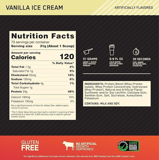 Optimum Nutrition Gold Standard Whey Protein 2.28kg Vanilla Ice Cream Health Food