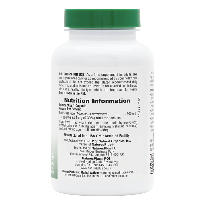 Natures Plus Herbal Active Red Yeast Rice 600mg 60 Heart Health Natures Plus Red Yeast Rice 600mg 60 Capsules | Standardised Herbal Supplement Ireland