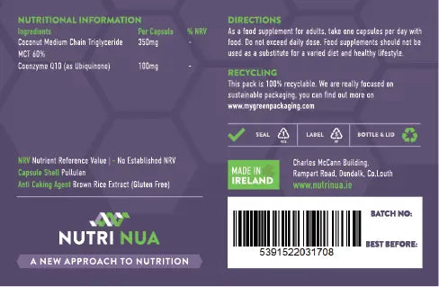 Nutri Nua Co-enzyme Q10 100mg 30 Capsules Heart Health Nutri Nua Co-Enzyme Q10 100mg | CoQ10 with MCT Oil | Lir Pharmacy