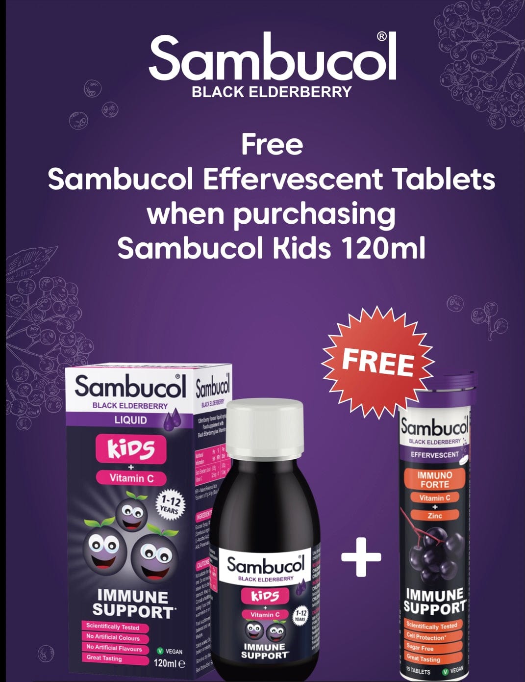 Sambucol Liquid For Kids with Vitamin C (120ml) & FREE Effervescent 15s Immune System