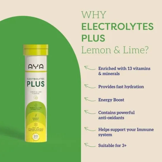 AYA Electrolytes Plus Effervescent Lemon &amp; Lime 20 Tablets Multi Vitamins AYA Electrolytes Plus Effervescent Lemon &amp; Lime 20 Tablets | Hydration Support