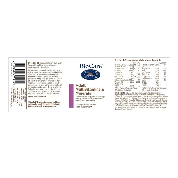 BioCare Adult Multivitamins and Minerals 30 Capsules Multi Vitamins BioCare Adult Multivitamins and Minerals 30 Capsules | Lir Pharmacy