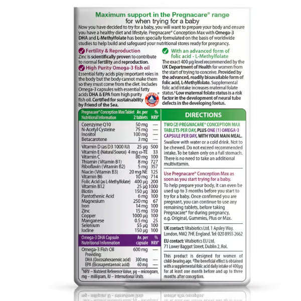 Vitabiotics Pregnacare Conception Max 84 Pack Pregnancy Supplements Pregnacare Conception Max 84 Pack | Fertility Support Ireland
