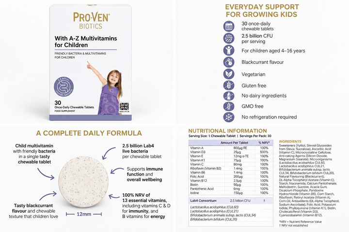 ProVen Biotics A-Z Multivitamins for Children 30 Chewable Tablets Probiotics Pro-Ven A-Z Multivitamins for Children 30 | Lir Pharmacy
