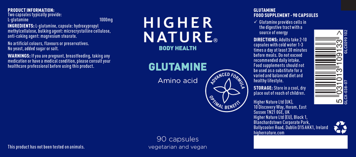 Higher Nature Glutamine Capsules (90) Stomach and Bowels