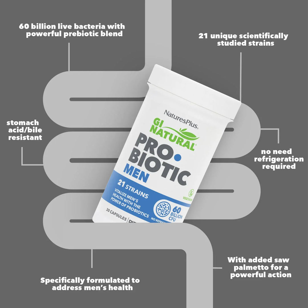 Natures Plus GI Natural Probiotic Men 30 Capsules Stomach and Bowels Natures Plus GI Natural Probiotic Men 30 | 60 Billion CFU Men’s Probiotic Ireland