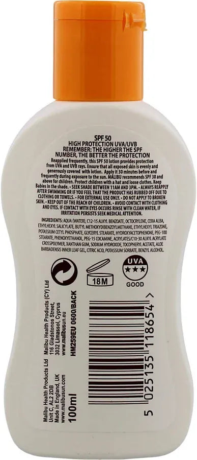 Malibu Sun Lotion SPF50 100ml Sunscreen Malibu Sun Lotion SPF50 100ml | High Protection Sunscreen Ireland