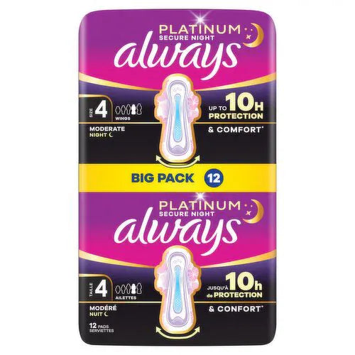 Always Platinum Sanitary Towels Moderate Flow Night (Size 4) 12 Pads Toiletries Always Platinum Sanitary Towels Moderate Flow Night (Size 4) 12 Pads