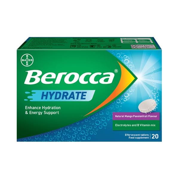 Berroca Hydrate Natural Mango Passionfruit Flavour 20 Effervescent Tablets Vitamins &amp; Supplements Berroca Hydrate Natural Mango Passionfruit Flavour 20 Effervescent Tablets