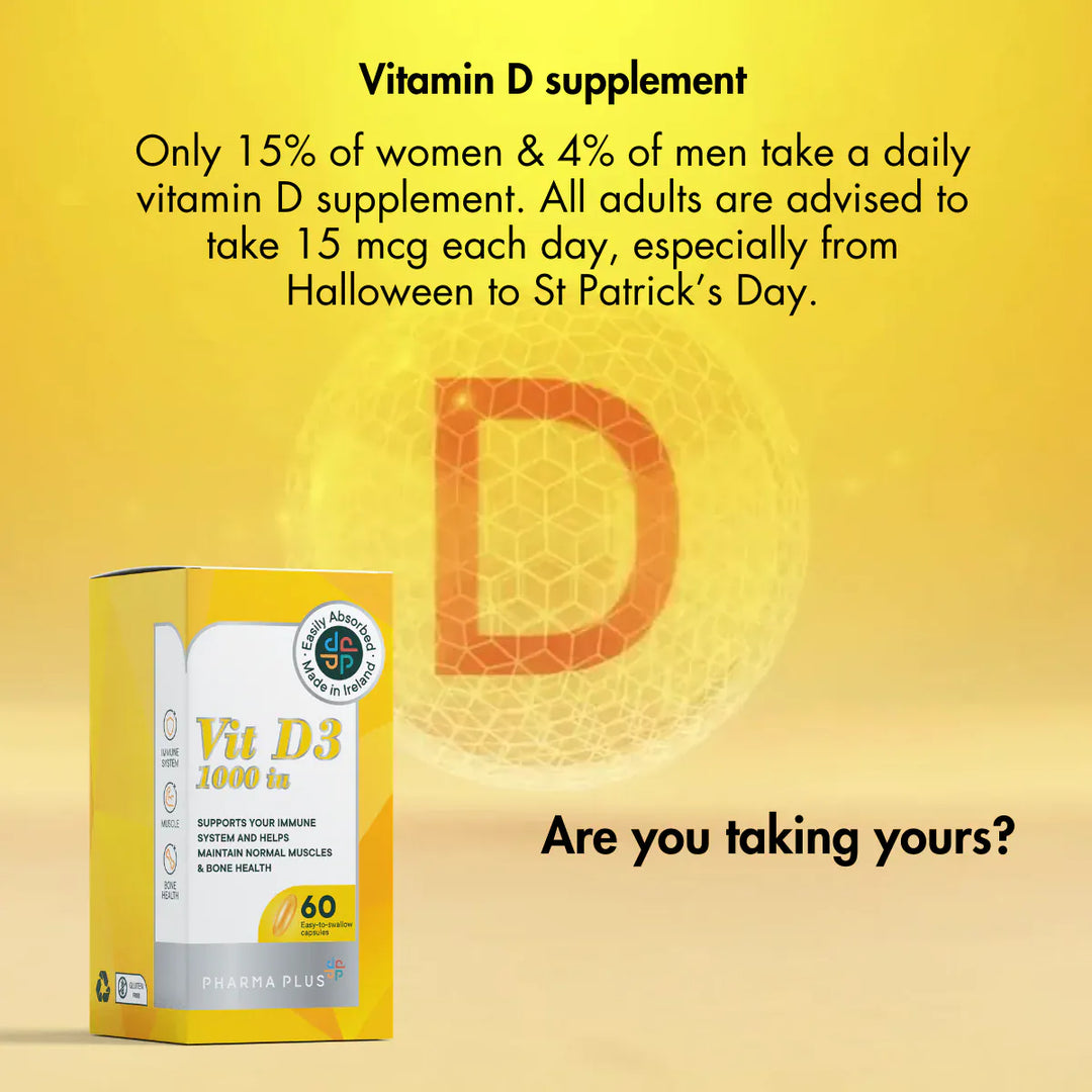 Pharma Plus Vitamin D3 1000 IU 60 Capsules Vitamins &amp; Supplements Pharma Plus Vitamin D3 1000 IU 60 Capsules | Bone &amp; Immune Support Ireland