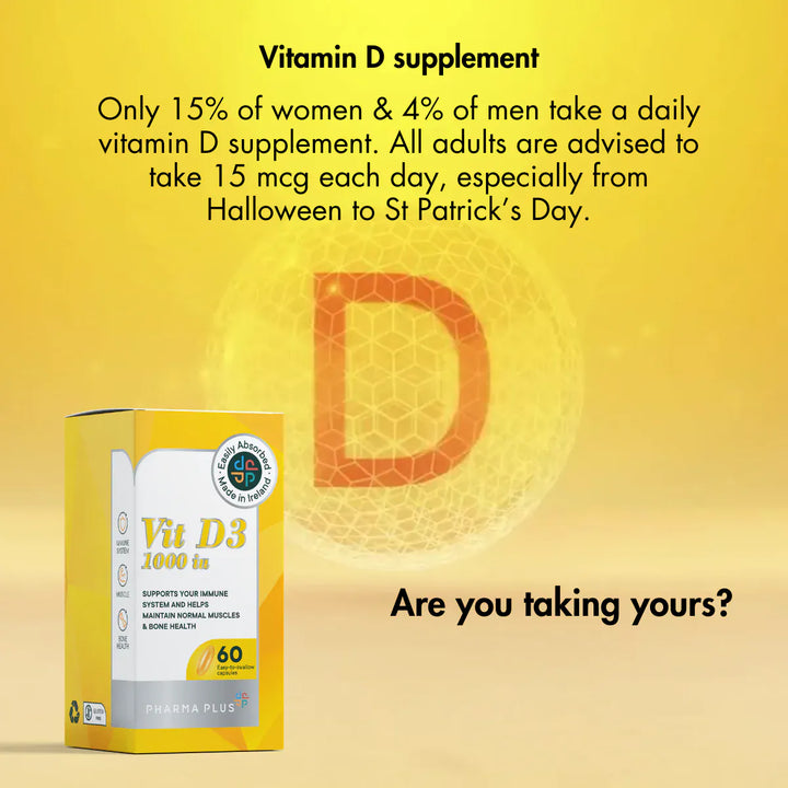Pharma Plus Vitamin D3 1000 IU 60 Capsules Vitamins &amp; Supplements Pharma Plus Vitamin D3 1000 IU 60 Capsules | Bone &amp; Immune Support Ireland