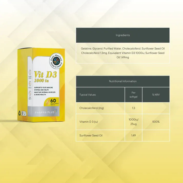 Pharma Plus Vitamin D3 1000 IU 60 Capsules Vitamins &amp; Supplements Pharma Plus Vitamin D3 1000 IU 60 Capsules | Bone &amp; Immune Support Ireland